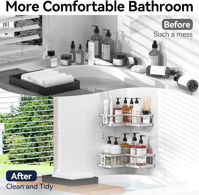 YASONIC Corner Shower Caddy Adhesive, 100% Rustproof Shower Organizer, No Drill Shower Shelf for Inside Shower, Wall-Mounted Shower Storage for Homes (2 Pack, Silver)