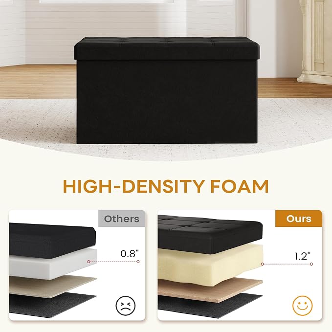 KROFEM 31.5" Folding Storage Ottoman Bench,Rectangle Foot Rest Stool for Living Room and Bedroom Holds 660 lbs,Synthetic Leather,Black