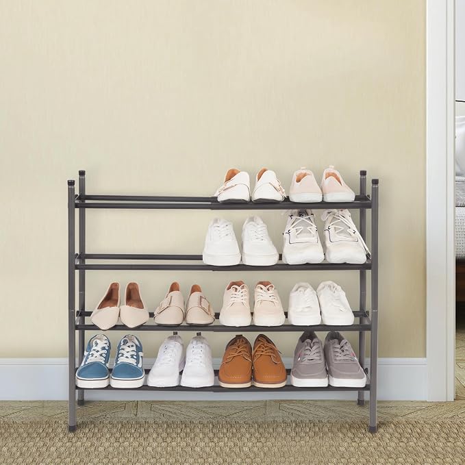 STORAGE MANIAC Expandable Shoe Rack, 16 Pairs Stackable Small Shoe Rack, Metal Adjustable Shoes Organizer for Closet, Entryway, Hallway, Garage, Front Door, Shoes Shelves, Black 4 Tier