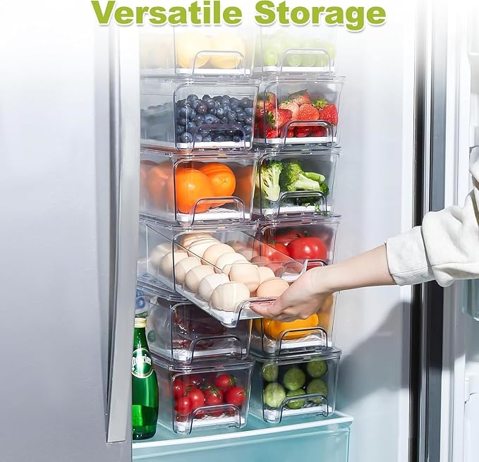 Pull Out Fridge Organizer Drawer, Stackable Refrigerator Storage Bins with Drain Tray and Lid, Clear Fruit and Vegetable Storage Containers Box, for Kitchen Freezer, 2-Pack