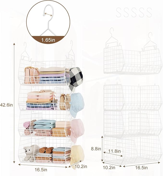 4 Tier Extra Large Hanging Closet Organizer ,Closet Organizer Hanging with 5 S Hooks 4 Dividers,Clothes Organizer Clothing Sweaters Clutches Handbags Hats Accessories-White