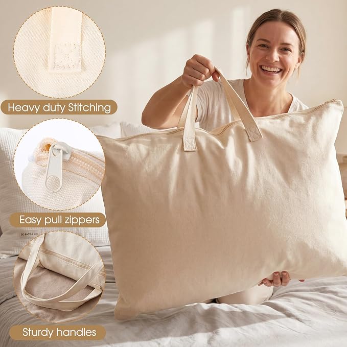 2 Pack Travel Pillow and Blanket Bags, 100% Cotton Canvas Pillow Storage Bag with Handles for Airplane Home, Heavy Duty Breathable Organizer for Bedding Linens, Pillow Bag for Traveling(2,20"x30")