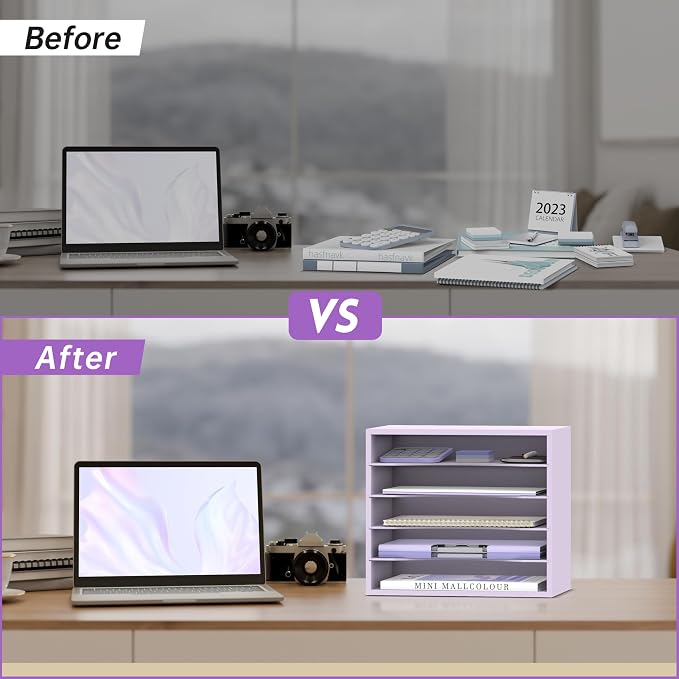 5 Tier Wood Desk Organizer, Paper Organizer for Desk, Purple | Wooden Desktop Organizer for Sorting Papers, Letters and Mails, Literature Organizer for Home Office, Classroom Organization