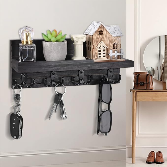 Decorative Key Hanging Rack with 4 Double Hooks – Easy Install Natural Wooden Key and Mail Holder for Wall Mount – Entryway Decor Rack with Shelf (Carbon Black)
