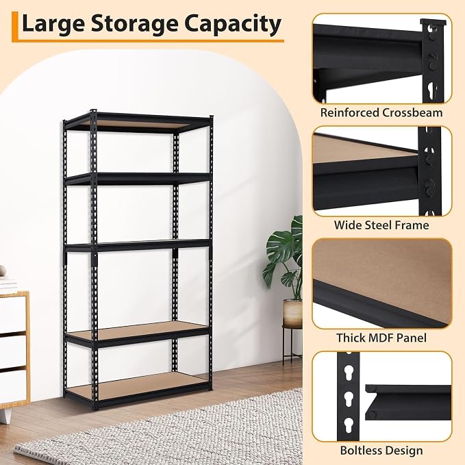 Storage Shelving Unit, 5-Tier Adjustable Metal Storage Shelves, 36" L x 18" W x 72" H Heavy Duty Garage Storage Shelves for Kitchen Pantry Basement Bathroom Laundry