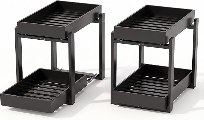 MHXW SXPN Bamboo Under Sink Organizer, 2 Pack Pull Out Cabinet Organizer | 2 Tier Vertical Smooth Slide Out Undersink Storage Shelf | Multi-Purpose Organizer Shelves for Kitchen Bathroom Medicine