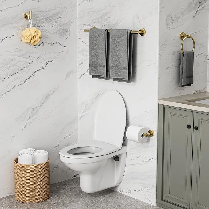 Gold Bathroom Accessories 5 Piece, 18 Inch Bath Hardware | Wall Mounted Brushed Gold Towel Rack, Durable SUS304 Stainless Steel Towel Bar Set