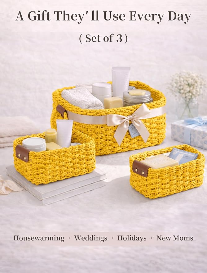 Small Wicker Baskets, 3 PCS Paper Rope Baskets for Shelves, Yellow | Recycled Small Baskets, 3 Sizes Woven Baskets for Organizing, Decorative Storage Baskets for Bedroom and Bathroom