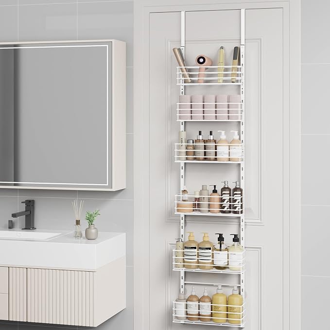 SWTYMIKI Over The Door Organizer - Door Organizer Hanging with 6 Adjustable Metal Large Capacity Basket, Wall Mounted Shelf for Bedroom Closet Bathroom Laundry Pantry Cabinet Kitchen(White)