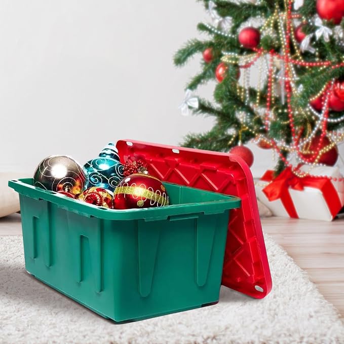 HOMZ Durabilt Plastic Storage Bins with Lids, 27 Gal, Red/Green, 4 Pack | Heavy-Duty Large Stackable Container Seasonal Boxes for Home, Attic, and Garage Organization