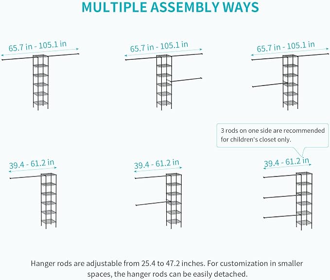 Ulif M1 Closet Storage Organizer System, 6 Tiers Heavy Duty Metal Clothing Garment Rack with 3 Expandable Hanger Rods, Wall Mounted Space Saver Suits from 3.3-8.7 ft. Width, 71.2”H x 14”D, Black
