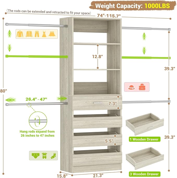 Aheaplus Closet System, 4-9Ft Closet Organizer with 4 Wooden Drawers, Wood Closet Organizer System with Tower, Walk-in Closet Organizer Wardrobe Garment Clothes Rack with 4 Hanging Rods, 2White Oak