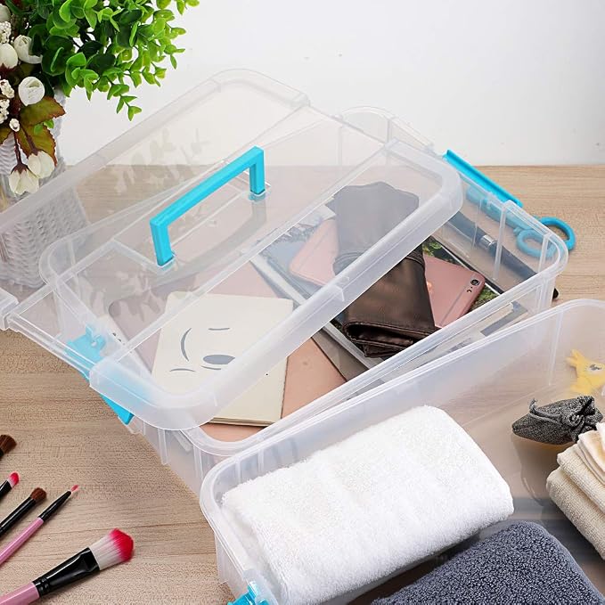 JUXYES 2-Tiers Plastic Stack Carry Storage Containers Box wih Handle Lids | Clear Stackable Latching Craft Storage Bin for School Office, Organizing Stationery, Sewing, Art Craft, DIY Supplies, Blue