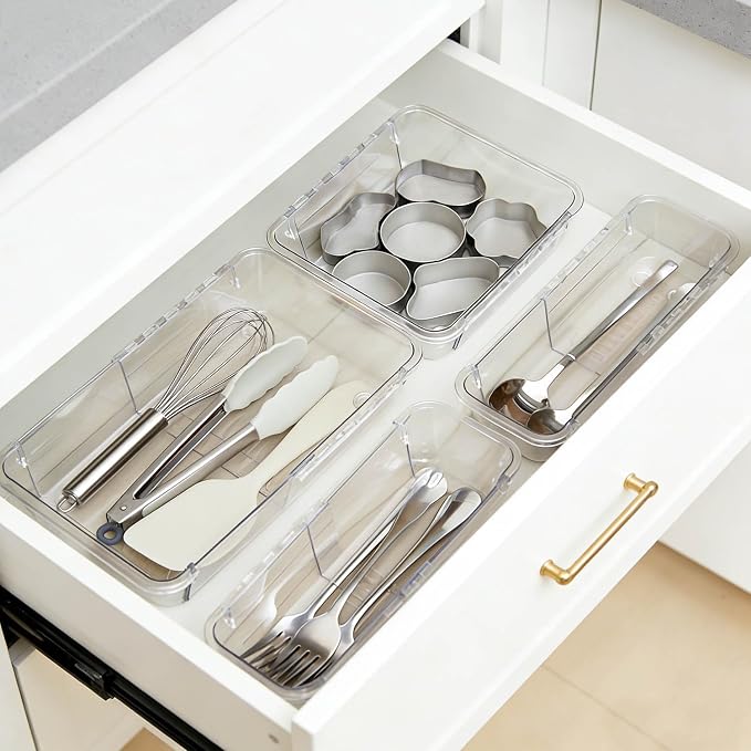 14 PCS Adjustable Clear Drawer Organizer Set - 3-Size Acrylic Storage Boxes for Makeup, Stationery, Kitchen Utensils, Tools & Bedroom Dresser Organization