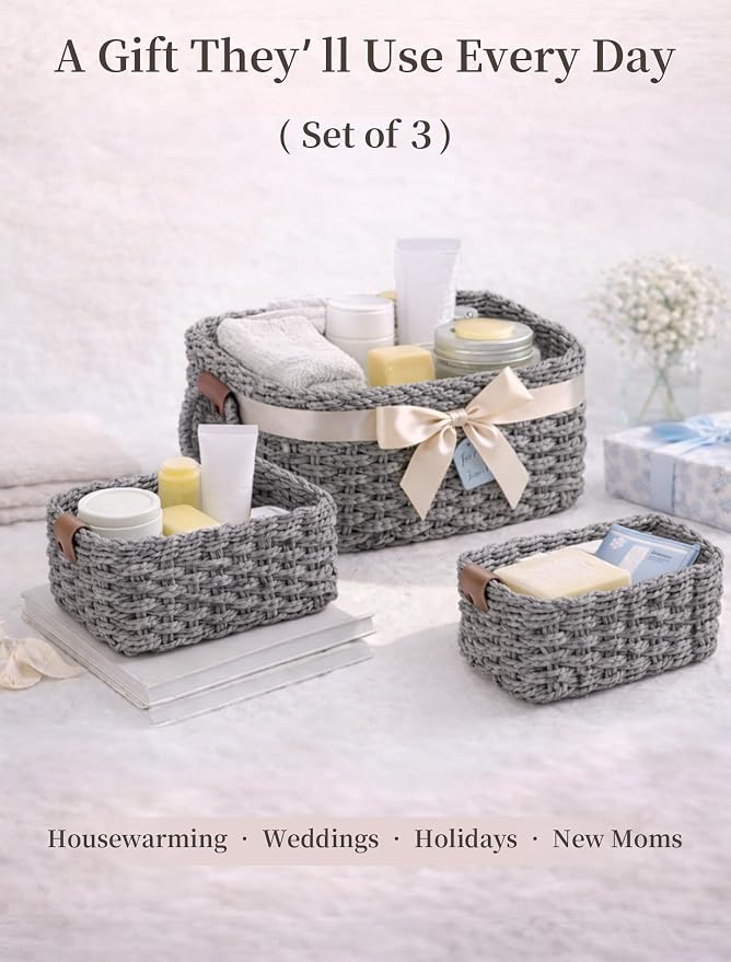 Small Wicker Baskets, 3 PCS Paper Rope Baskets for Shelves, Gray | Recycled Small Baskets, 3 Sizes Woven Baskets for Organizing, Decorative Storage Baskets for Bedroom and Bathroom
