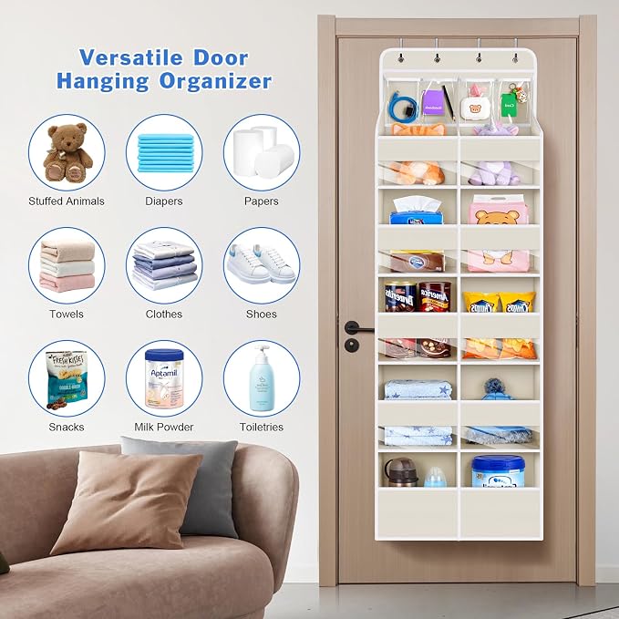 Univivi Upgraded Over the Door Organizer for Baby Nursery, Beige, 6-Shelf | Fabric Behind Door Storage with Clear Window Deep Pockets, Over Door Hanging Organizer for Baby Essential, Bedroom, and Dorm