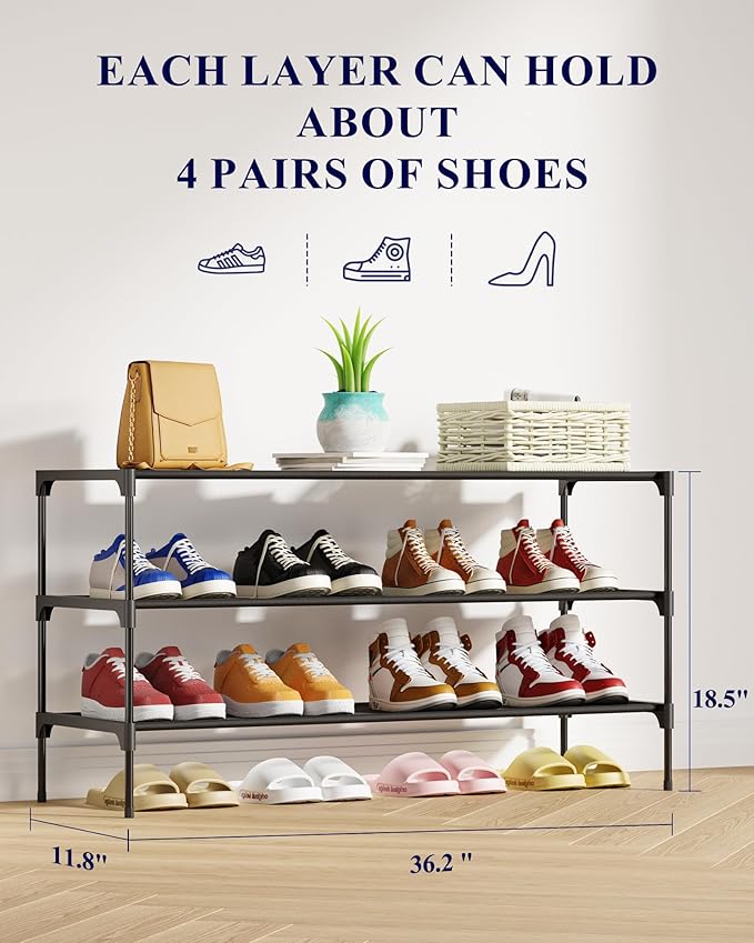 Kitsure Shoe Rack - Non-Woven Shoe Rack Shelf, 36.2" Wide - 3 Tier, Black | Shoe Organizer for Closet, Entryway, Garage, Stackable Shoe Shelves, college dorm&apartment essentials