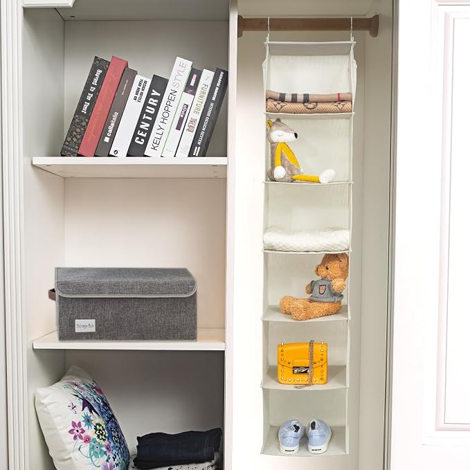 BrilliantJo 6 Shelves Hanging Closet Organizer, 2 Pack Hanging Storage with 4 Side Pockets for Clothes Shoes, 43.5"x12"x12"(Beige)