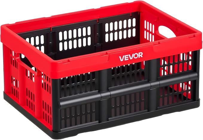 VEVOR Plastic Collapsible Storage Bins, 32L 3 Packs, Stackable Folding Storage Crates with Handles, Holds 26 lbs Per Bin, Foldable Heavy Duty Containers, Space-Saving Baskets, for Home Organizing