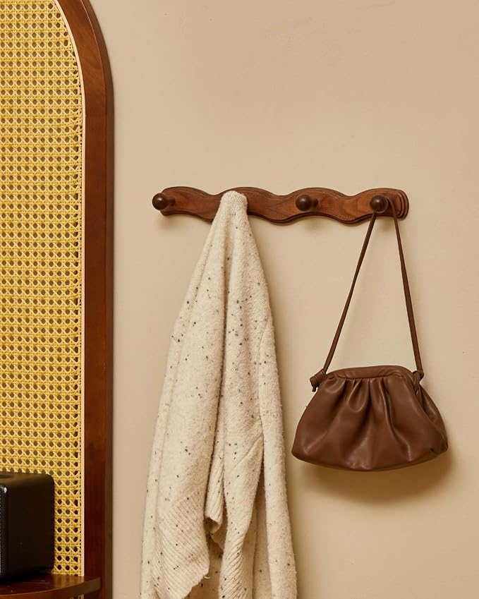 Wood Coat Rack Wall Mount - 4Pack Walnut Coat Hooks for Hanging Clothes,Keys, Robes,Purse,Towels,Bags,Backpack, Modern Decorative Wall hooks Heavy Duty Hanger Organizer for Bathroom,Entryway & Bedroom