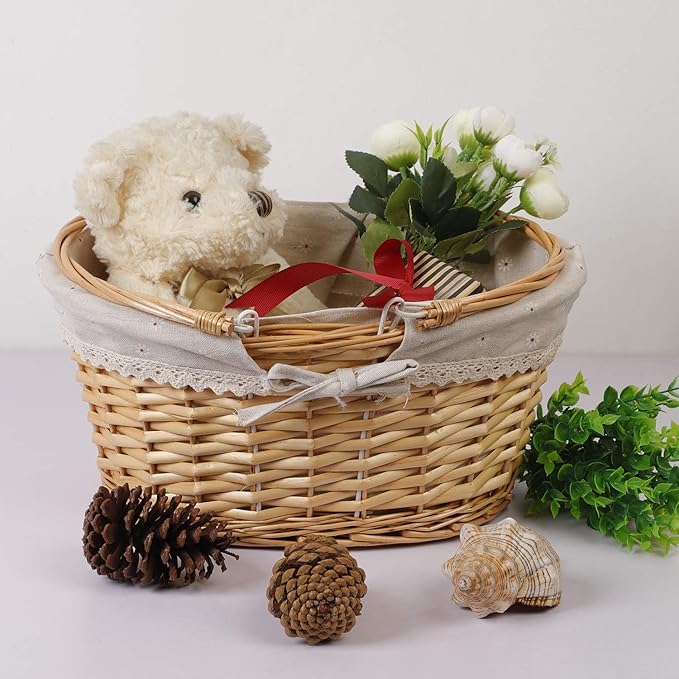 KINJOEK Wicker Woven Basket, 14 x 11 x 6.7 Inch Multipurpose Willow Basket with Handle Premium Linen Cotton Cloth Lining for Storage and Decoration, Natural