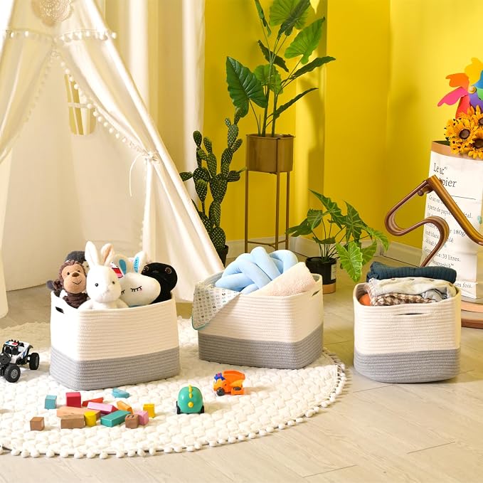 ICERZCZ Storage Baskets for Organizing Shelves, Woven Cotton Rope Bins for Baby Nursery Organization, Book Toy Towel Organizer, 15"x11"x9.5", 3 Packs, Off White & Grey