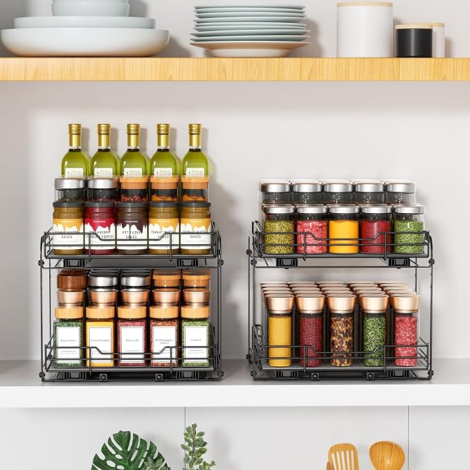 RCHYFEED 2 Tier Pull Out Spice Rack Organizer for Cabinet,11.5"Wx10.5Dx9.5H | Height Adjustable Spice Organization for Cabinet Metal Slide Out Spice Rack Heavy Duty Vertical Spice Rack for Cabinet,Pantry