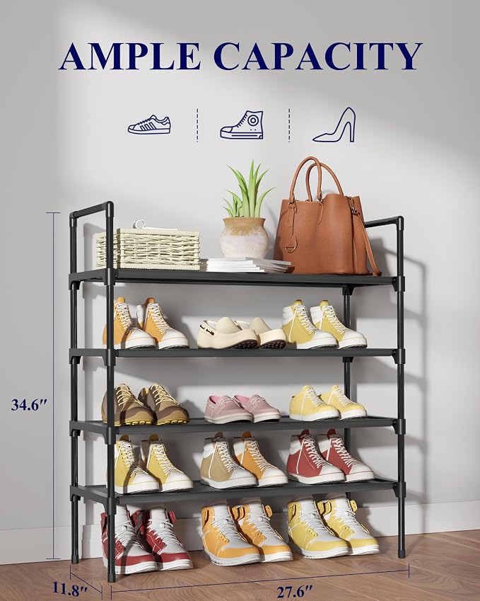 Kitsure Shoe Rack for Closet, Shoe Organizer, 27.6" Wide - 4 Tier, Black | Shoe Storage for Closet, Entryway, Easy- Assembly& Space-Saving Shoe Shelf with Side Handle, Closet Organizer