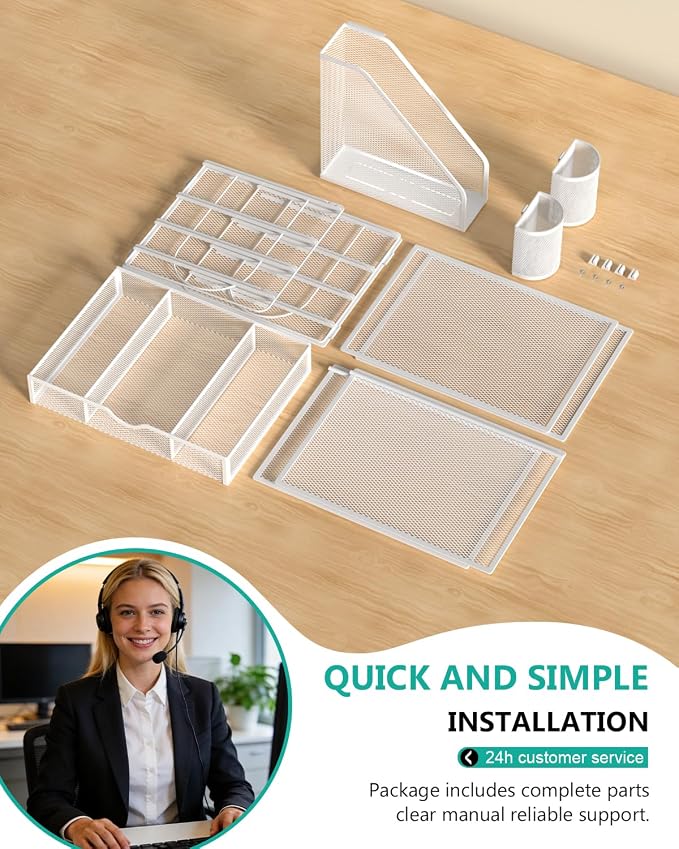 WALI Desk File Organizer, 4 Tier Desktop Paper Letter Tray Organizer with Drawer and 2 Pen Holders, Office Desk Accessories & Workspace Organizers for Office, Home Supplies(DO005DH-W), 1 Pack, White