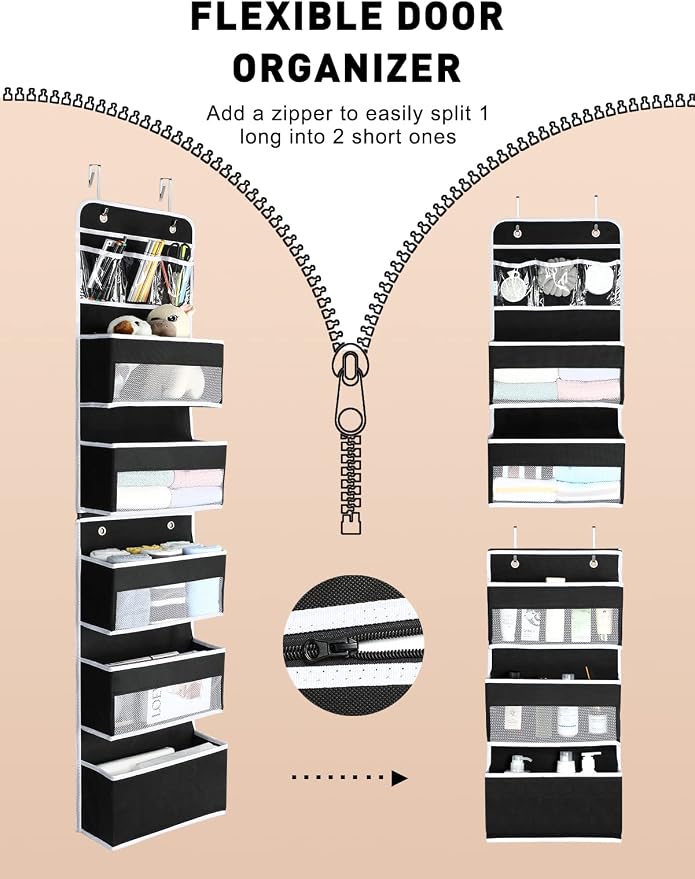 Yecaye 2-in-1 Over The Door Organizer for Nursery Closet Bathroom Dorm | 6 Tier Door Organizer Hanging for Newborn Baby Essentials Pantry, Heavy Duty Behind the Door Storage Stuffed Animal Black