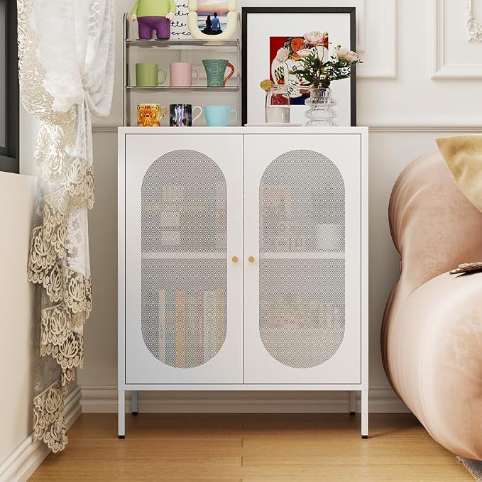 2 Mesh Door Accent Storage Cabinet for Home, LivingRoom, Office Room,Kitchen-Metal Locker Cabinet with 1 Adjustable Shelves-2-Tier (Small Mesh Door, White)
