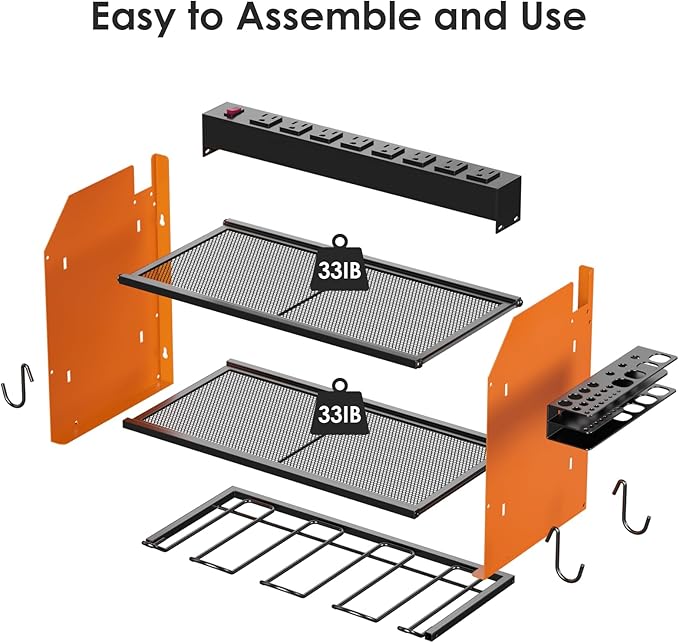 CCCEI Wall Mount Modular Tool Charging Organizer, Orange, 1 Pack, 3 Tier. | Drill Battery Storage Rack with Hooks, Garage Workshop, Gifts for Men, Dad, Husband Anniversary, Birthday, Christmas