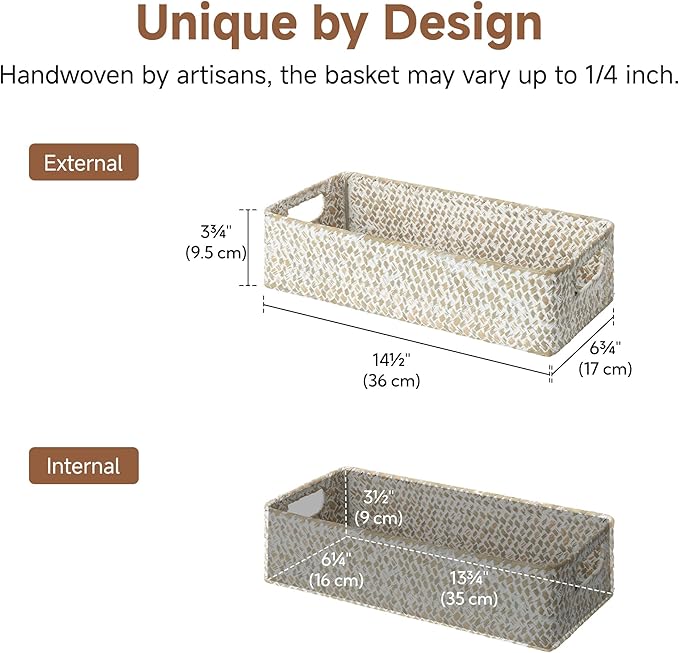 StorageWorks Wicker Toilet Paper Basket for Back of Toilet, Wipe White | Wicker Seagrass Bathroom Basket Organizer and Storage for Tank Topper, Small Tank Trays for Decor with Built-in Handles
