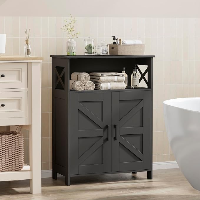 Homhedy Farmhouse Bathroom Storage Cabinet with Doors, Small Floor Cabinet | Toilet Paper Cabinet with Adjustable Shelf, Freestanding Storage Cabinet for Kitchen/Laundry/Living Room, 24"W, Black