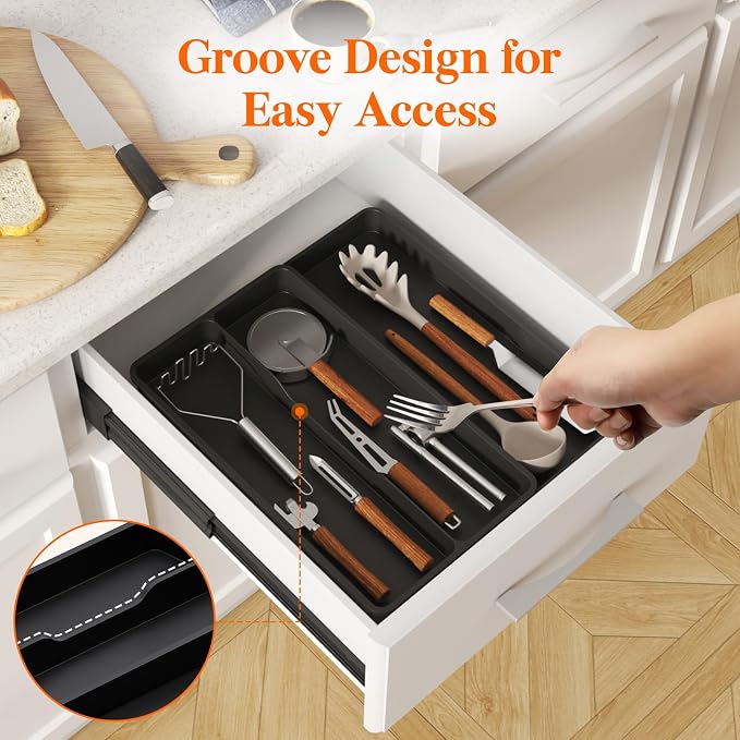 Lifewit Utensil Organizer for Kitchen Drawer, Expandable Cooking Silverware Tray, Adjustable Cutlery Flatware Holder, Plastic Spatula Tools Storage Divider, 14.4 x 15.8", Black