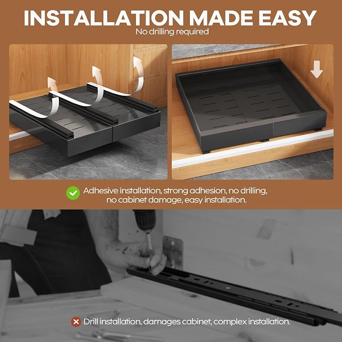 Seinloes 4Pack Expandable Pull Out Cabinet Organizer 21"Deep With Raising Pad for Framed Cabinets,Slide Out Drawers with 4pcs Divider Racks,Roll Out Shelves Adhesive,Adjustable Width 12.05"-20.4"Black