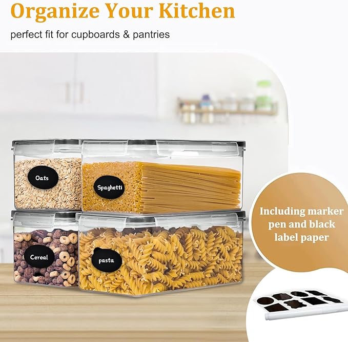 4pc 3.2L Large Airtight Plastic Canisters with Lids, Cups & Labels | Plastic Food Storage with Labels for Spaghetti, Cereal, Oats & Kitchen Pantry Organization, 4 Pack