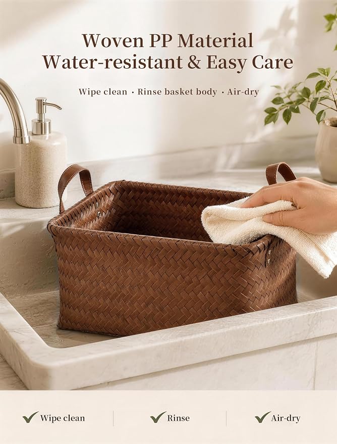 Wicker Storage Baskets, 4 Pack Woven Baskets for Shelves, Brown | PP Rattan, Water-resistant Wicker Basket, Large Baskets with Faux Leather Handles for Blanket, Laundry Organizer, Room Decor