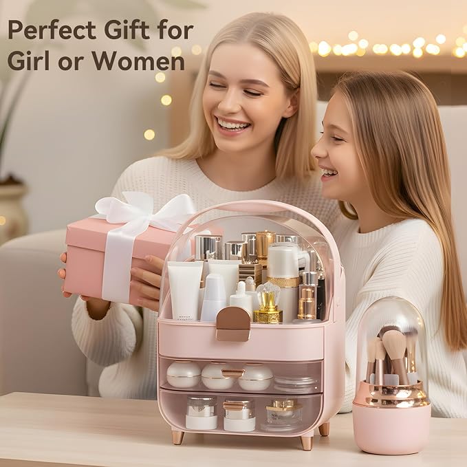 Makeup Organizer for Vanity with Brush Holder, Lid and 2 Drawers, Pink | Large Capacity Bathroom Counter Organizer for Skincare, Cosmetic Storage, Dustproof, Waterproof, Teen Girl Gifts