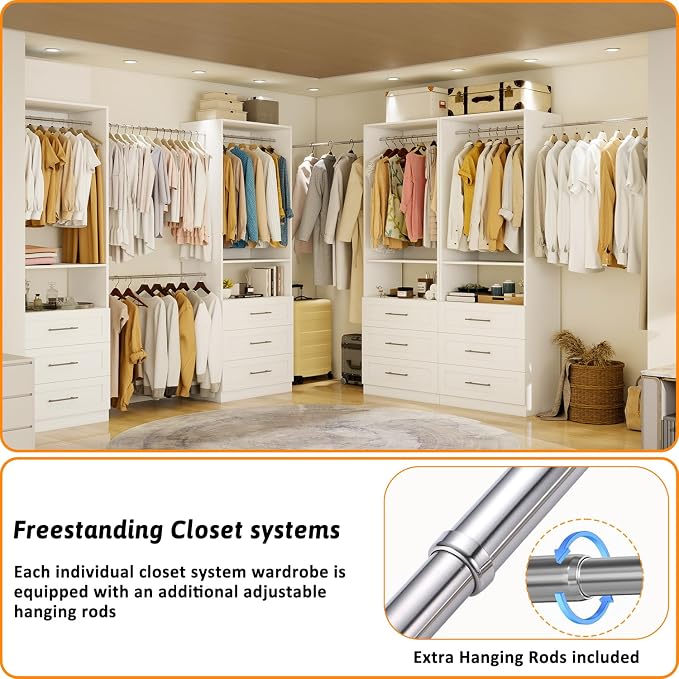 Closet System with Drawers, 2FT Closet Organize System with 3 Drawers & 2 Hanging Rods &for Walk in Closets, 24" Freestanding Closet System, White(VO-009)