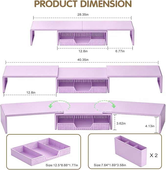 LEKETREE Dual Monitor Stand Riser with Drawer, Desk Organizer and Accessories, Monitor Stand for Desk, Desktop Stand for Computer, Laptop, TV and More (Purple)