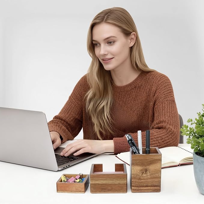 RAWILL 3 PCS Brown Wooden Desk Organizer Set Pine Wood Office Desk Accessories with Pen Holder, Paperclip Storage and Sticky Note Holder, Wood Grain Clear, Ideal Gift for Office and Family