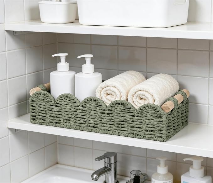 CubesLand Toilet Paper Storage Basket Organizer, Small Wicker Decor Basket | Toilet Tank Top Decorative Basket for Countertop, Handwoven Scalloped Basket W/Handle for Home Decor Living Room, Green