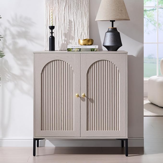 IFGET 34"Tall Modern Arch Sideboard Buffet Cabinet with Storage, Light Grey | Fluted Arched Sideboard Cabinet w/Adjustable Shelves, Wood Modular Kitchen Cabinet for Dining& Living Room, Kitchen, Entryway