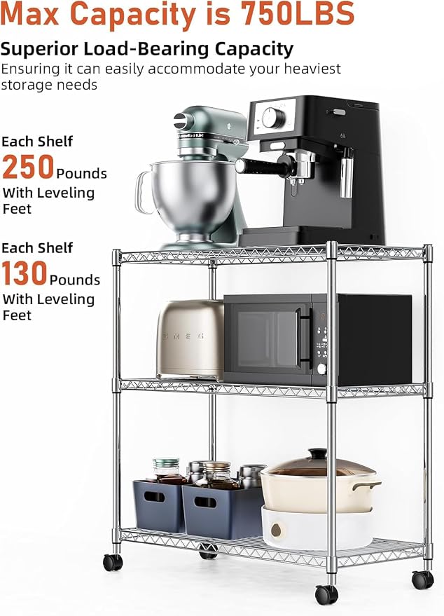 Simple Deluxe Heavy Duty 3-Tier Storage Shelves 750Lb Capacity, 24.02" D x 13.78" W x 29.92" H Adjustable Shelving Unit with Wheels, Chrome