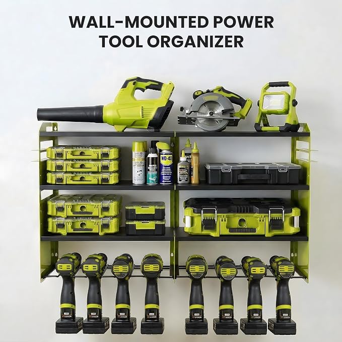 Power Tool Organizer Wall Mount, Standard Edition, Green | Heavy Duty 600 Lbs Metal Tool Storage Rack, 4-Tier Garage Drill Holder & Workshop Battery Management Station
