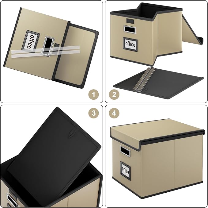 File Organizer Box with Lids, Collapsible File Folder Organizer | File Box with Plastic Slides for Document, Filing Bin for Letter Size Hanging File Folders (1 Pack, Khaki, Leather)