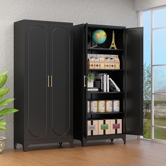 Polup 75" Tall Metal Kitchen Pantry Storage Cabinet with Doors and Shelves | Black Heavy-Duty Steel, 4 Adjustable Shelves & Magnetic Latch, Leveling Feet & Anti-Tip, for Office, Garage, Laundry & Home