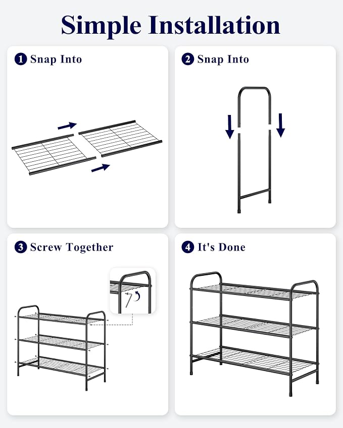 Kitsure Stainless Steel Shoe Rack Organizer, 25.6" Wide - 3 Tier, Black | Sturdy Shoe Rack for Closet and Entryway, Free Standing Shoe Shelf, Closet Organizers and Storage