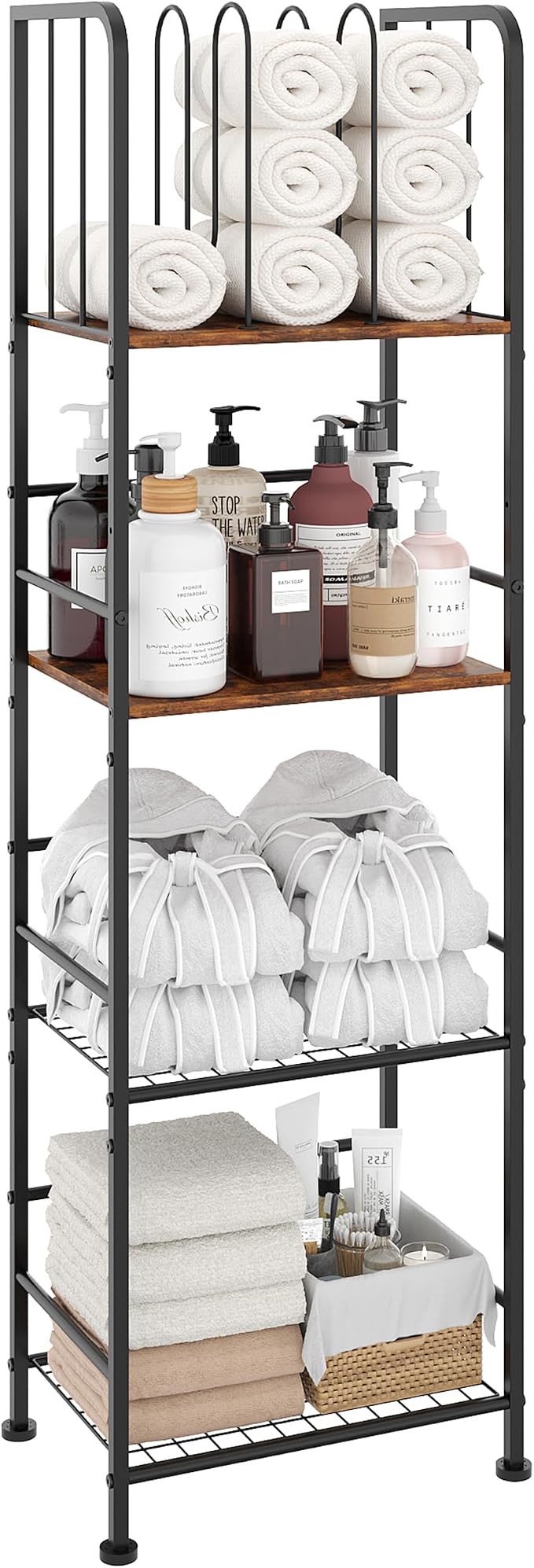 4-Tier Freestanding Towel Racks for Bathroom, Towel Rack Stand | Detachable M-shaped Dividers for Bath Towel Storage Premium Iron & Wood Holder Crafted for Bathroom Organization